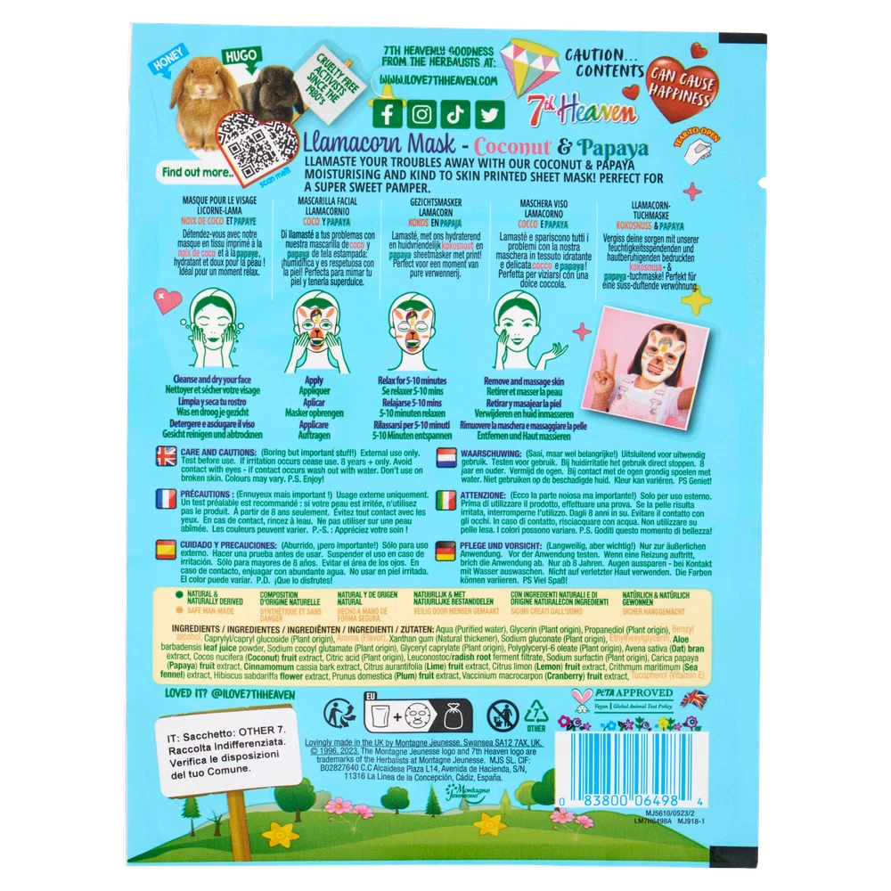 Maschera per Viso in tessuto monouso LLAMACORN Cocco e Papaya 7th Heaven